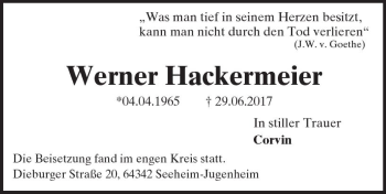 Traueranzeige von Werner Hackermeier von Trauerportal Echo Online