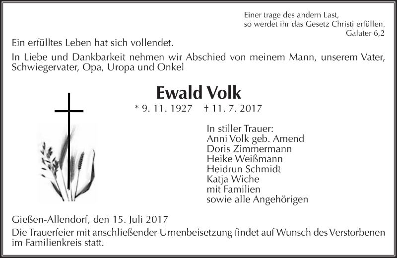  Traueranzeige für Ewald Volk vom 15.07.2017 aus  Gießener Anzeiger