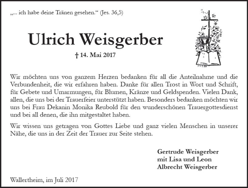  Traueranzeige für Ulrich Weisgerber vom 14.07.2017 aus Trauerportal Rhein Main Presse