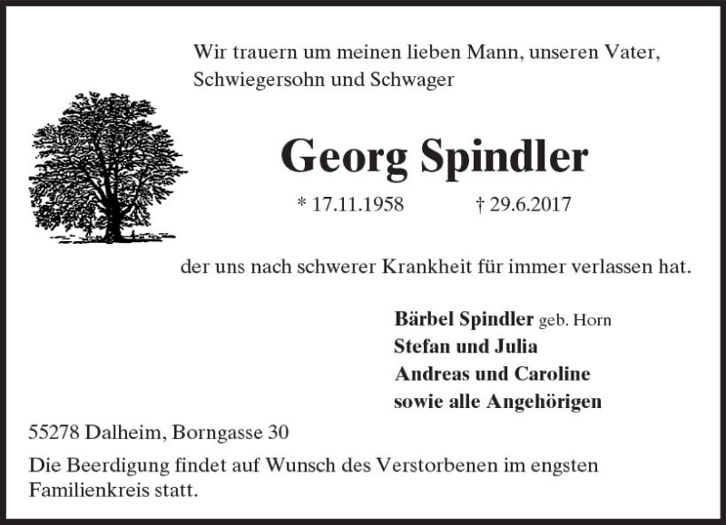  Traueranzeige für Georg Spindler vom 08.07.2017 aus Trauerportal Rhein Main Presse
