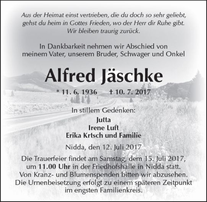  Traueranzeige für Alfred Jäschke vom 12.07.2017 aus  Kreisanzeiger