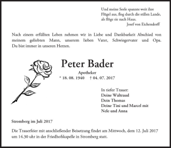 Traueranzeige von Peter Bader von Trauerportal Rhein Main Presse