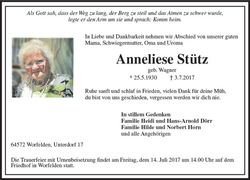  Traueranzeige für Anneliese Stütz vom 08.07.2017 aus Trauerportal Echo Online