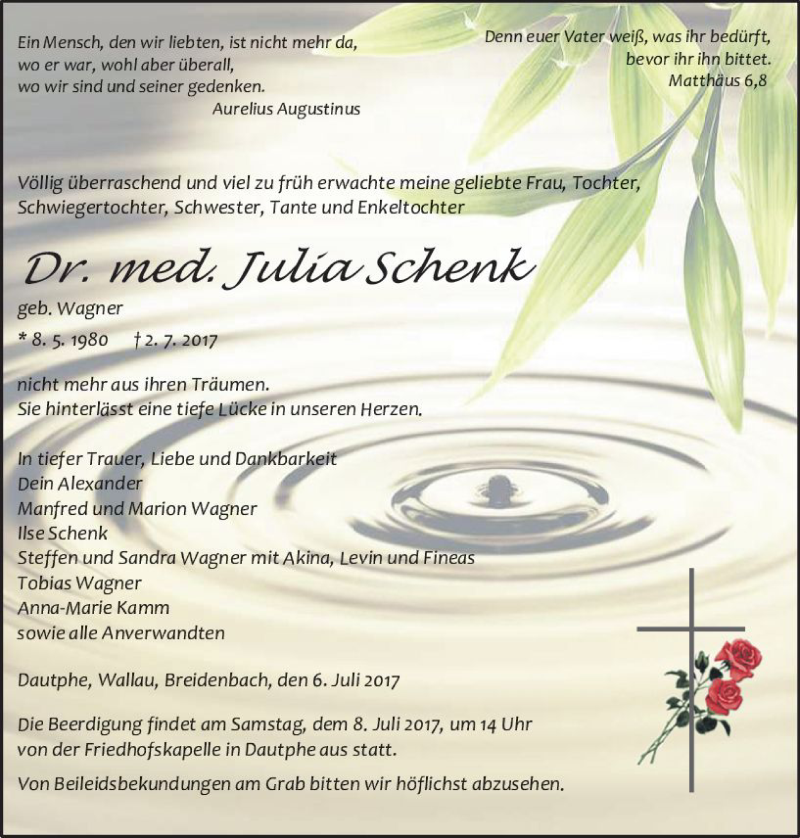 Traueranzeige für Julia Schenk vom 06.07.2017 aus  Gießener Anzeiger