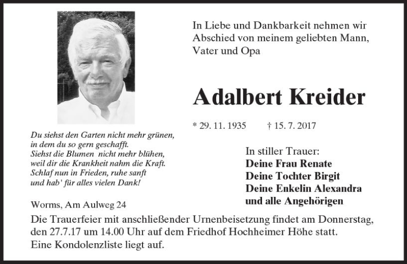  Traueranzeige für Adalbert Kreider vom 22.07.2017 aus Trauerportal Rhein Main Presse