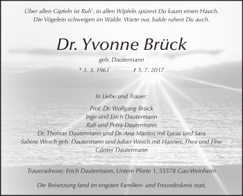 Traueranzeige von Yvonne Brück von Trauerportal Rhein Main Presse
