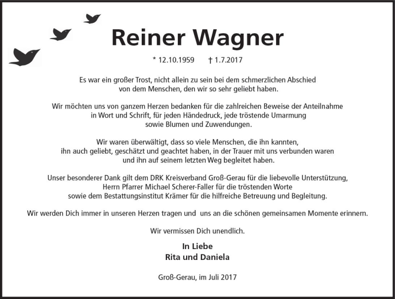  Traueranzeige für Reiner Wagner vom 15.07.2017 aus Trauerportal Echo Online