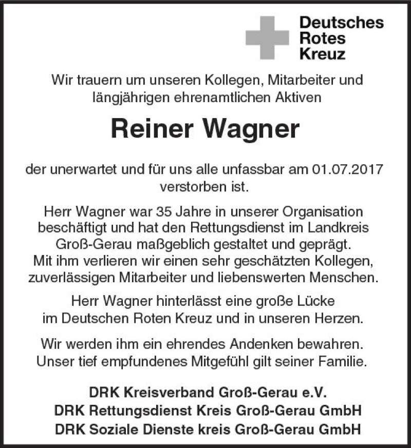  Traueranzeige für Reiner Wagner vom 05.07.2017 aus Trauerportal Echo Online