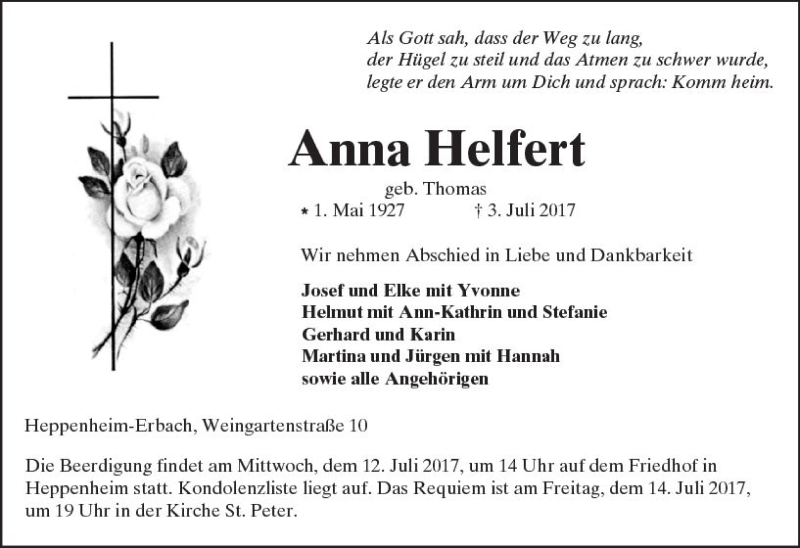  Traueranzeige für Anna Helfert vom 08.07.2017 aus Trauerportal Echo Online