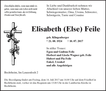 Traueranzeige von Elisabeth Feile von Trauerportal Rhein Main Presse