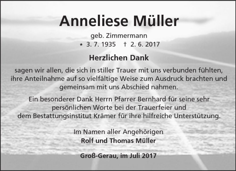  Traueranzeige für Anneliese Müller vom 01.07.2017 aus Trauerportal Echo Online