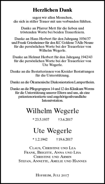 Traueranzeige von Wilhelm und Ute Wegerle von Trauerportal Echo Online