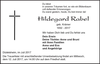 Traueranzeige von Hildegard Rabel von  Kreisanzeiger