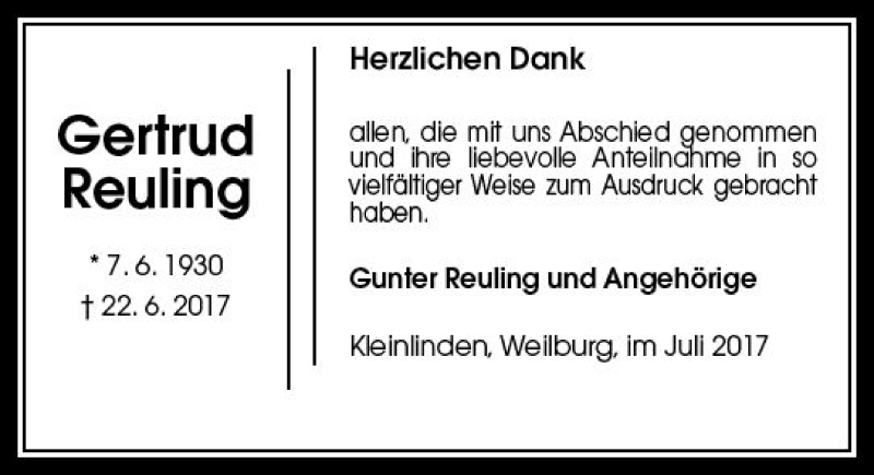  Traueranzeige für Gertrud Reuling vom 08.07.2017 aus  Gießener Anzeiger