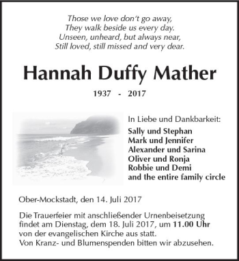 Traueranzeige von Hannah Duffy Mather von  Kreisanzeiger