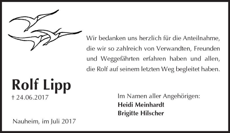 Traueranzeige für Rolf Lipp vom 22.07.2017 aus Trauerportal Echo Online