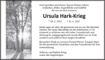 Traueranzeige von Ursula Hark-Krieg von  Gießener Anzeiger
