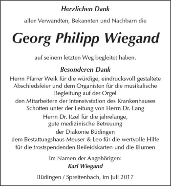 Traueranzeige von Georg Philipp Wiegand von  Kreisanzeiger