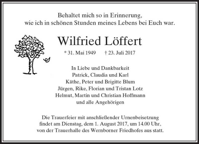  Traueranzeige für Wilfried Löffert vom 26.07.2017 aus  Usinger Anzeiger