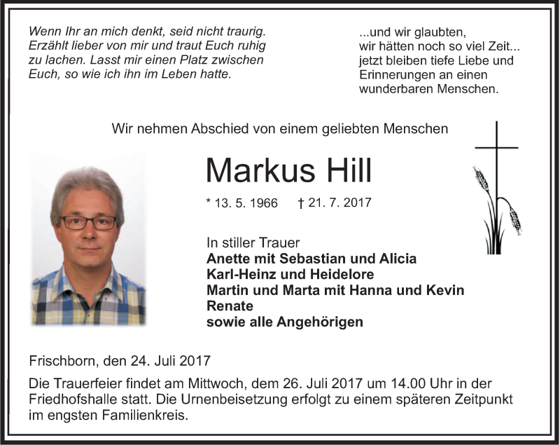  Traueranzeige für Markus Hill vom 24.07.2017 aus VRM Trauer