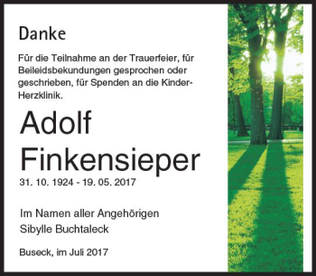 Traueranzeige von Adolf Finkensieper von  Gießener Anzeiger