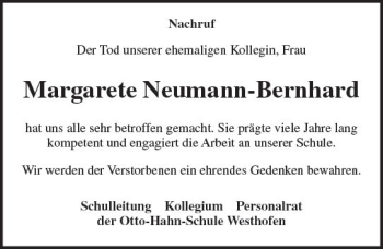 Traueranzeige von Margarete Neumann-Bernhard von Trauerportal Rhein Main Presse