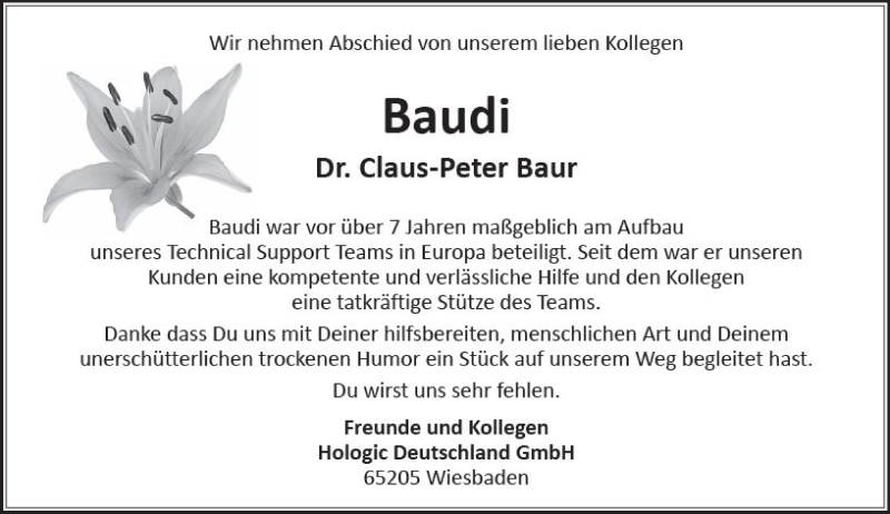  Traueranzeige für Claus-Peter Baur vom 08.07.2017 aus Trauerportal Rhein Main Presse
