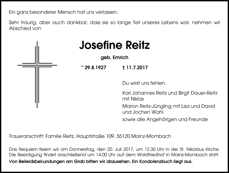  Traueranzeige für Josefine Reitz vom 15.07.2017 aus Trauerportal Rhein Main Presse
