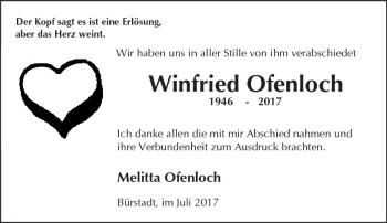 Traueranzeige von Winfried Ofenloch von Trauerportal Echo Online