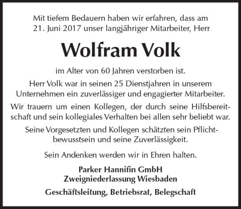  Traueranzeige für Wolfram Volk vom 01.07.2017 aus Trauerportal Rhein Main Presse
