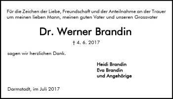 Traueranzeige von Werner Brandin von Trauerportal Echo Online
