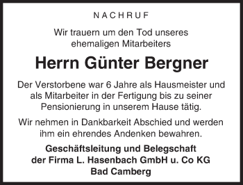 Traueranzeige von Günter Bergner von  Camberger Anzeiger