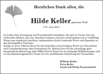 Traueranzeige von Hilde Keller von Trauerportal Echo Online