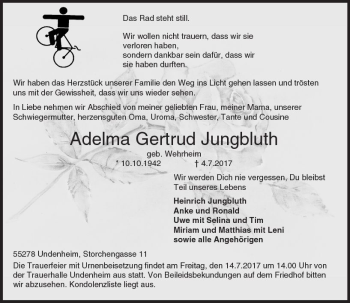 Traueranzeige von Adelma Gertrud Jungbluth von Trauerportal Rhein Main Presse