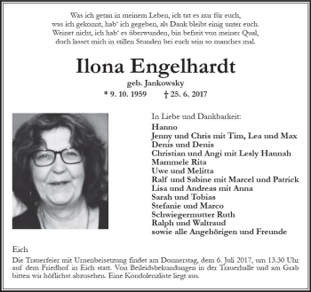 Traueranzeige von Ilona Engelhardt von Trauerportal Rhein Main Presse