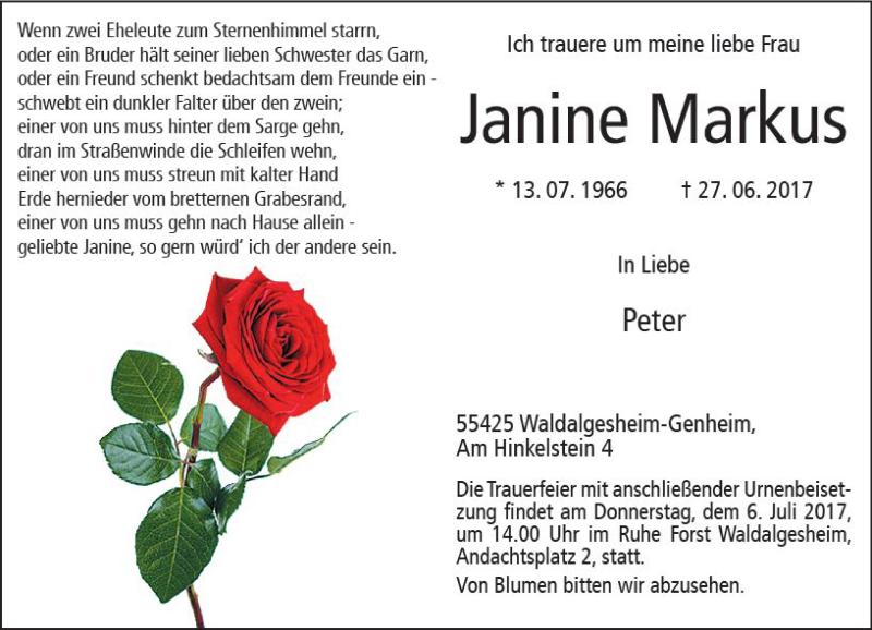  Traueranzeige für Janine Markus vom 04.07.2017 aus Trauerportal Rhein Main Presse