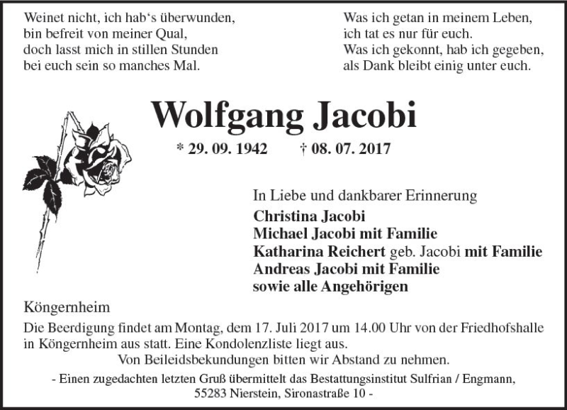  Traueranzeige für Wolfgang Jacobi vom 12.07.2017 aus Trauerportal Rhein Main Presse
