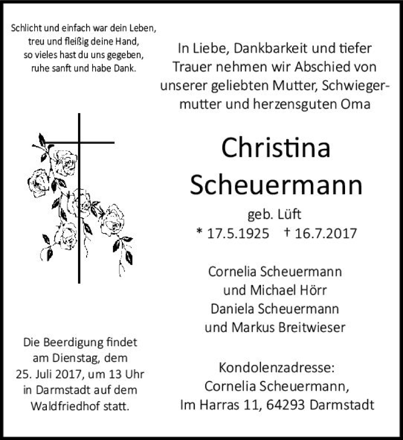 Traueranzeigen von Christina Scheuermann | www.vrm-trauer.de