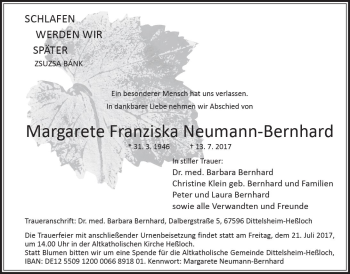 Traueranzeige von Margarete Franziska Neumann-Bernhard von Trauerportal Rhein Main Presse