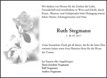 Traueranzeige von Ruth Stegmann von Trauerportal Echo Online