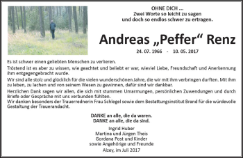 Traueranzeige von Andreas Renz von Trauerportal Rhein Main Presse