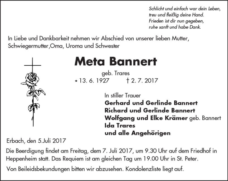  Traueranzeige für Meta Bannert vom 05.07.2017 aus Trauerportal Echo Online