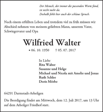 Traueranzeige von Wilfried Walter von Trauerportal Echo Online