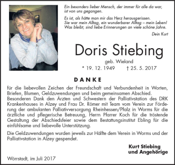 Traueranzeige von Doris Stiebing von Trauerportal Rhein Main Presse