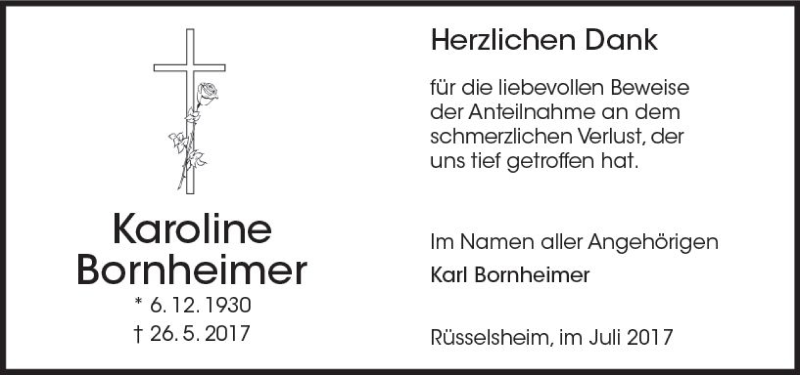  Traueranzeige für Karoline Bornheimer vom 08.07.2017 aus Trauerportal Rhein Main Presse