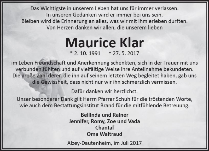  Traueranzeige für Maurice Klar vom 01.07.2017 aus Trauerportal Rhein Main Presse