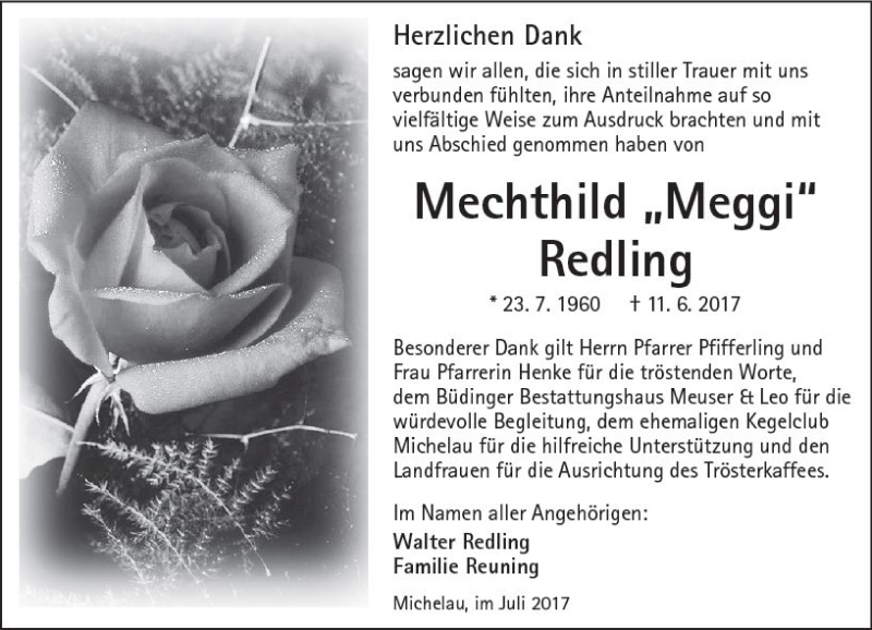 Traueranzeige für Mechthild Redling vom 08.07.2017 aus  Kreisanzeiger