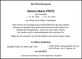 Traueranzeige von Helene Maria Fritz von Trauerportal Echo Online