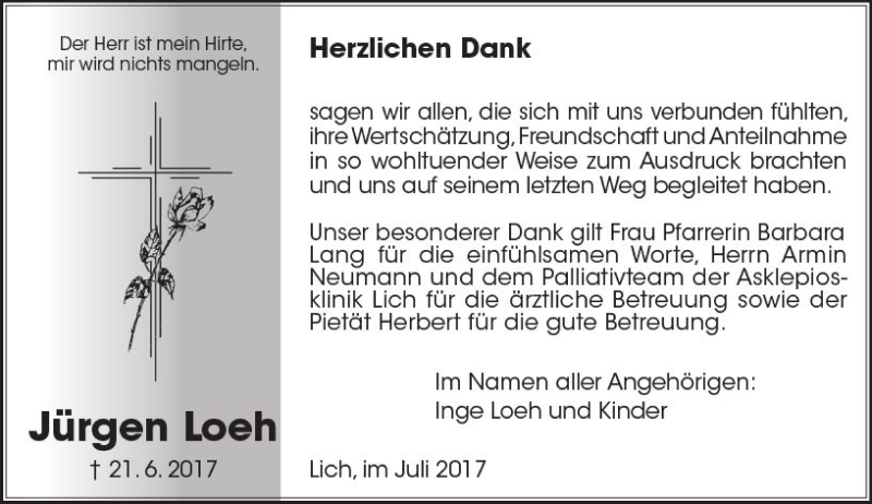  Traueranzeige für Jürgen Loeh vom 08.07.2017 aus  Gießener Anzeiger