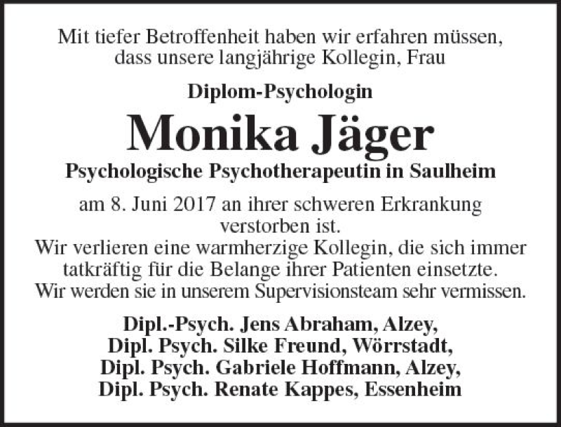  Traueranzeige für Monika Jäger vom 08.07.2017 aus Trauerportal Rhein Main Presse